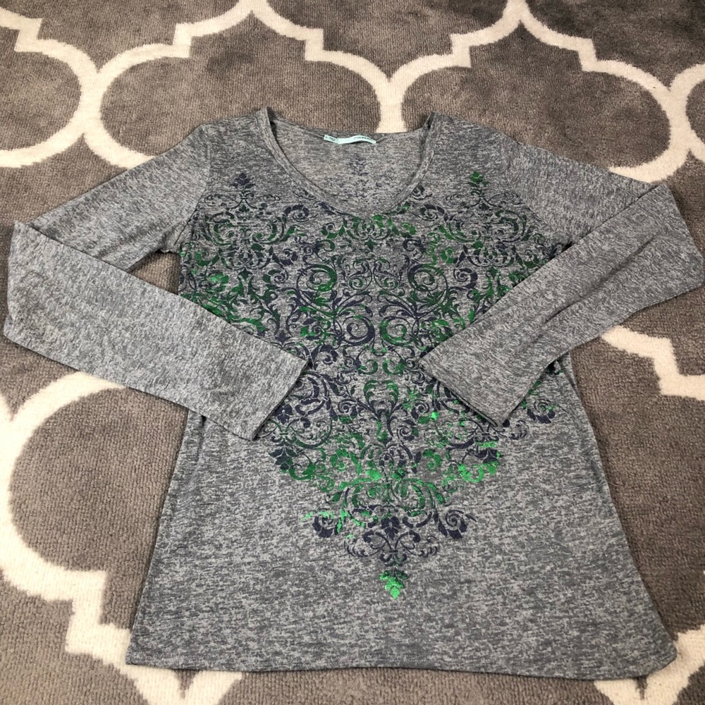 Maurices Shirt Womens Large Heather Gray Green Scroll Pattern Long Sleeve Top